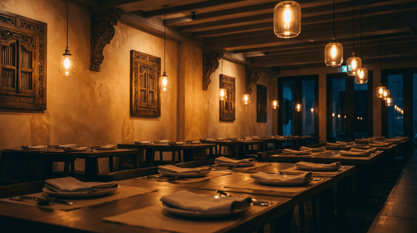Guests talking over a candlelit communal dinner table