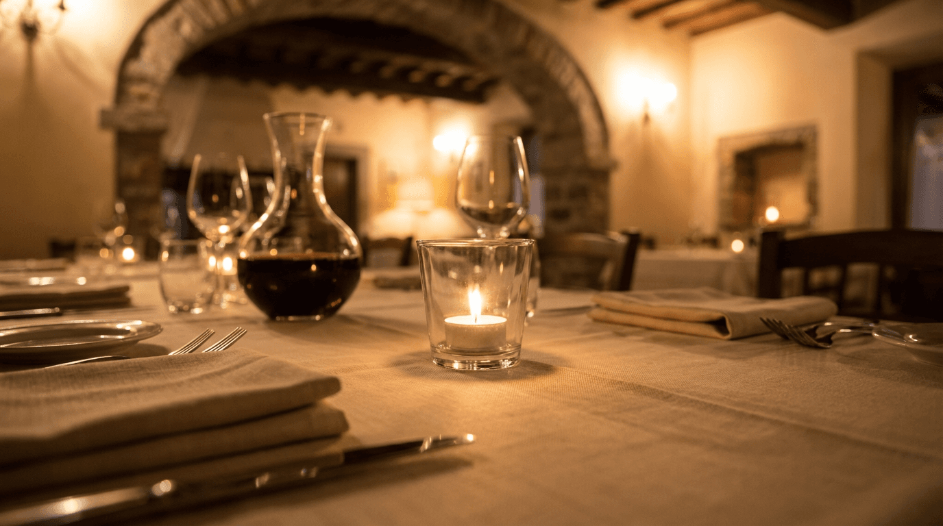 A candlelit dinner table set for an intimate evening gathering