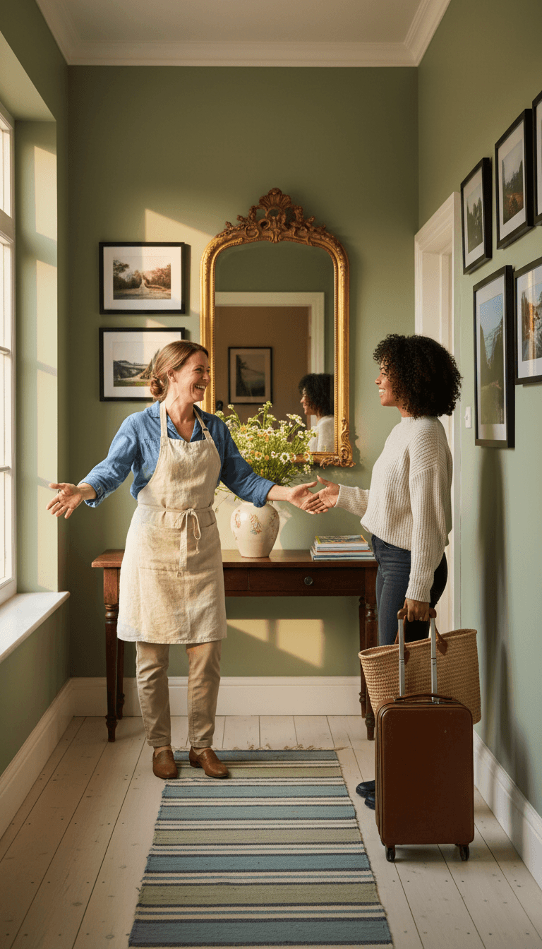 Host welcoming a guest with a glass at an upscale event
