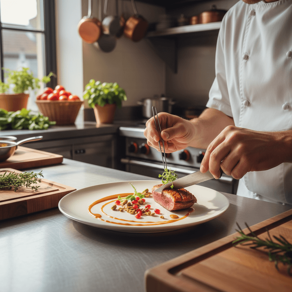 Chef plating a dish at an Infinite Music event