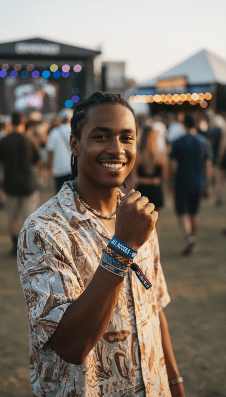 Young festival attendee wearing colorful wristband smiling at camera with festive grounds and stage lighting in background