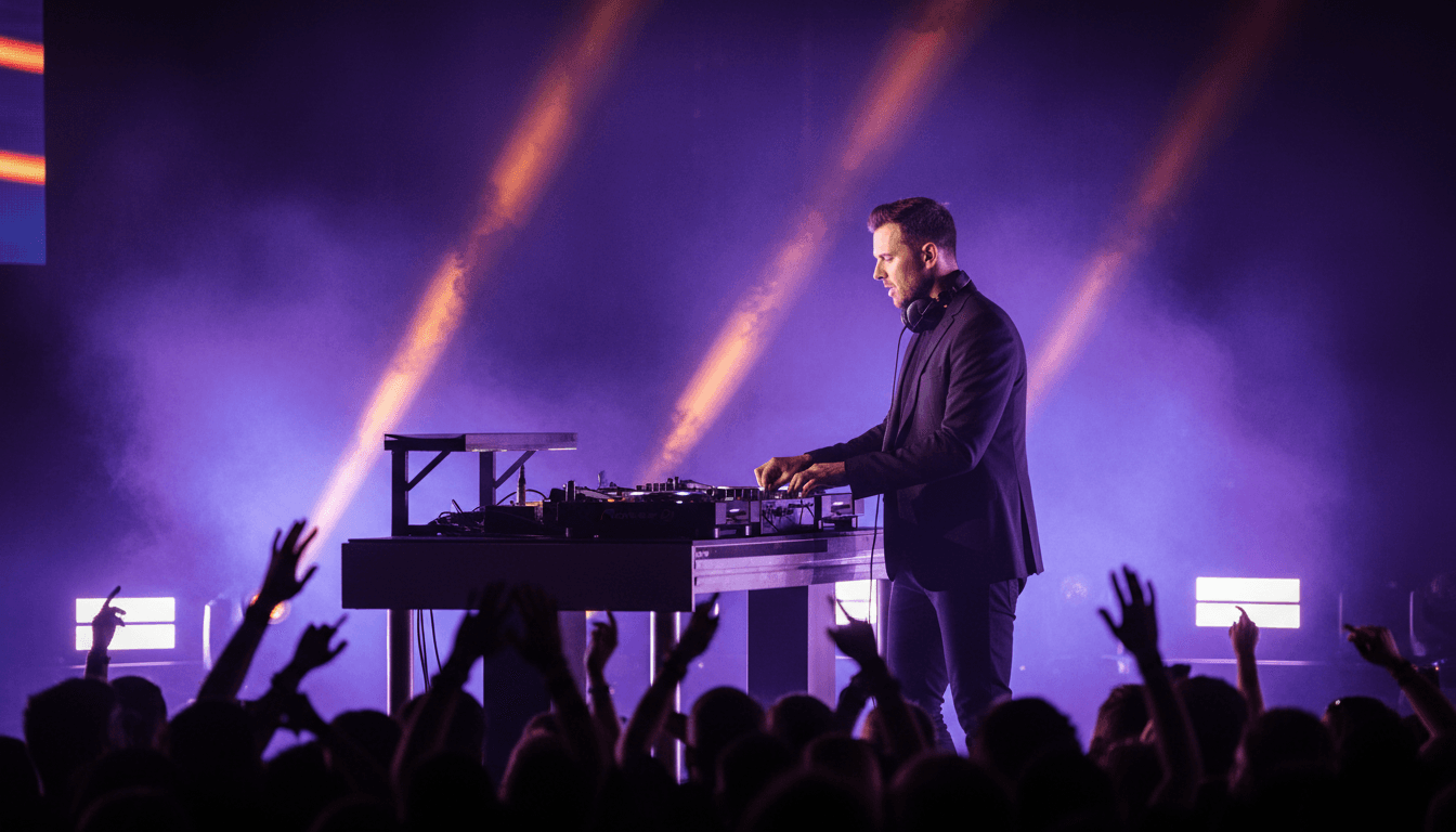 DJ mixing equipment in a moody, softly lit event venue