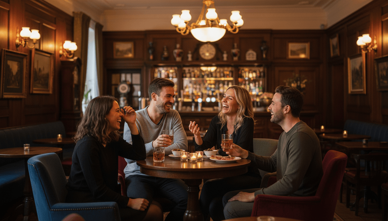 Intimate gathering of guests mingling in a modern venue, soft overhead lighting, people holding drinks and conversing