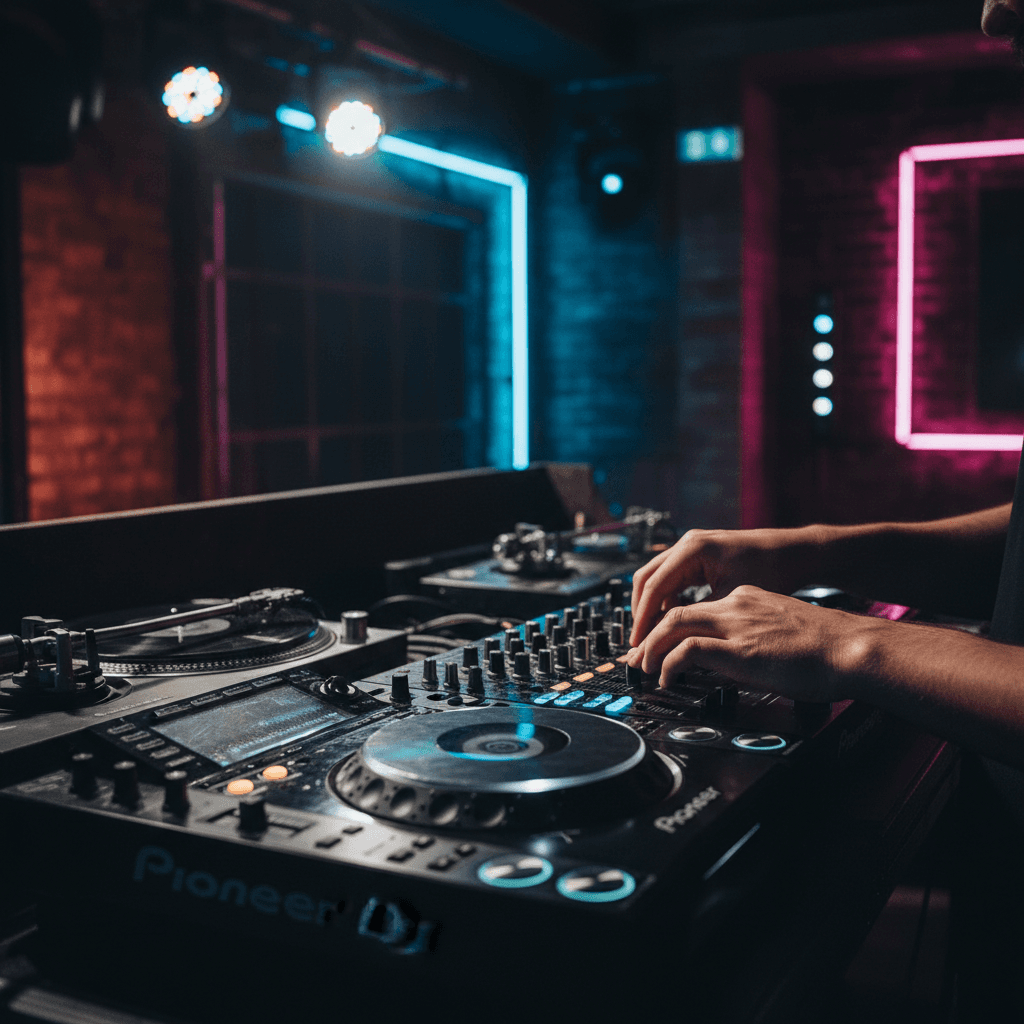 DJ hands adjusting a mixer with vinyl records spinning