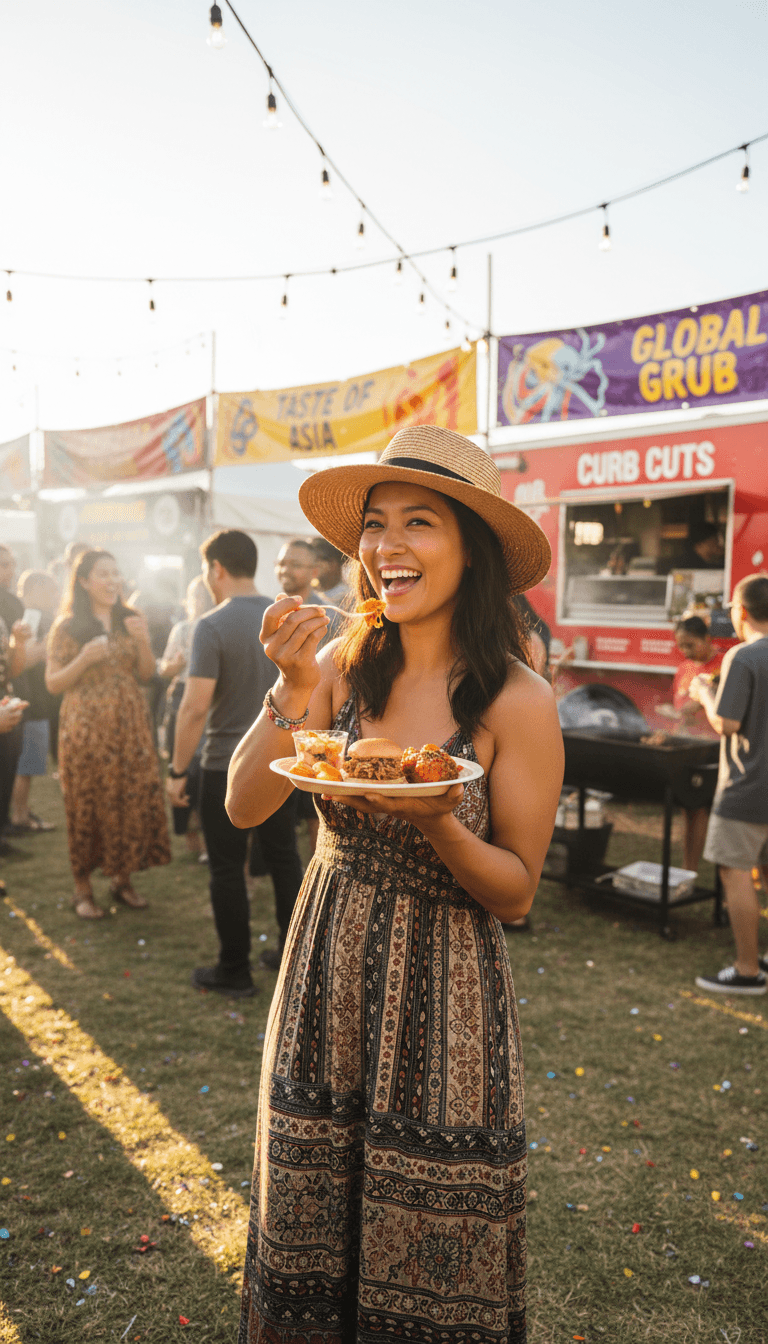 Diverse festival attendee enjoying small gourmet food samples from multiple vendors at outdoor culinary competition celebration