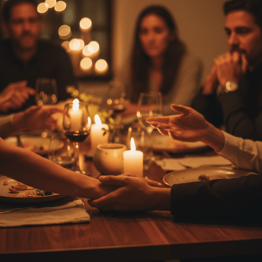 Guests sharing a meal at a candlelit dinner table