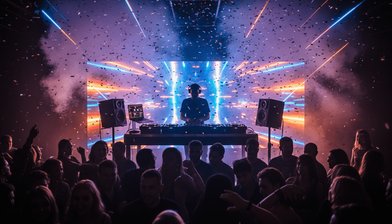 DJ booth with turntables and mixer in a dimly lit venue, warm amber lighting casting shadows across equipment